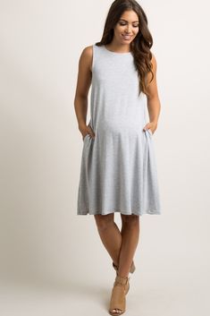 Heather Grey Sleeveless High Neck Maternity Swing Dress Maternity Sundress, Casual Maternity Dress, Casual Maternity, Trendy Maternity, Mama Style, The Bump, Pink Blush Maternity, Maternity Clothing, Rounded Neckline