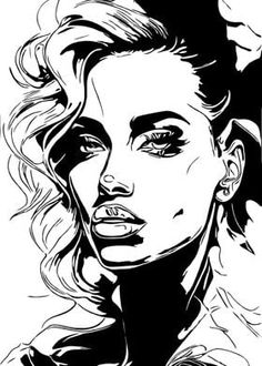 a black and white drawing of a woman's face