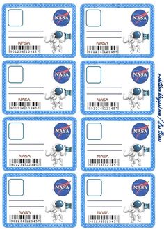 four space shuttle tickets with the nasa logo on them, all in blue and white