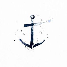 an anchor painted in watercolor on white paper with black ink and blue paint splatters