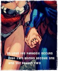 an image of two people holding hands with the caption in love he paradox occurs that two beings become one and yet remain two