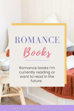 a bed with the words romance books on it and an image of a wooden chair