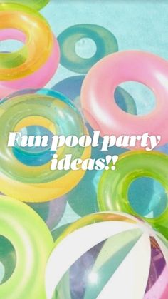 there are many different colored donuts on the table with words fun pool party ideas