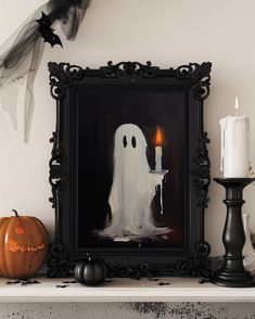 a painting of a ghost holding a lit candle on top of a mantle with candles