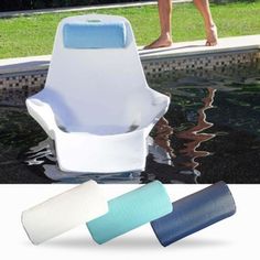 the pool chair has two different colors on it and is next to a swimming pool