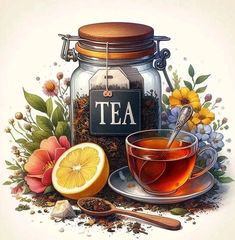 a cup of tea next to a jar and spoon