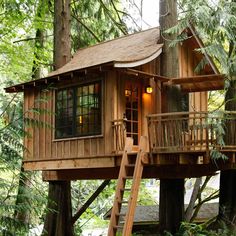 a tree house in the woods with stairs leading up to it's second floor