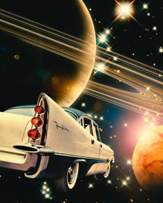 an old car is parked in front of the saturn moon and planet with its lights on