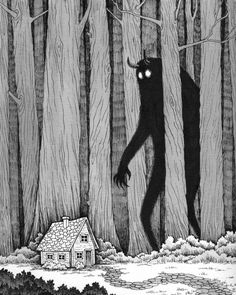 a black and white drawing of a house in the woods with a monster coming out of it