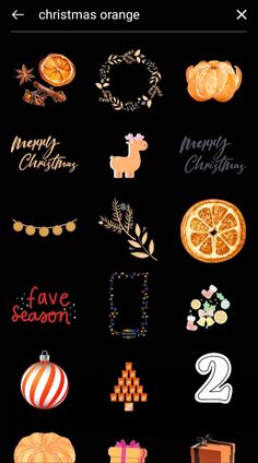 an image of christmas stickers on a black background with oranges and other holiday decorations