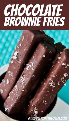 chocolate brownie fries on a plate with text overlay