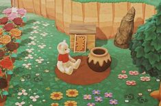 a painting of a bear sitting in the grass next to a potted plant and beehive