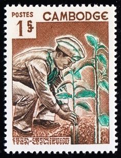 a stamp with an image of a man tending to a plant