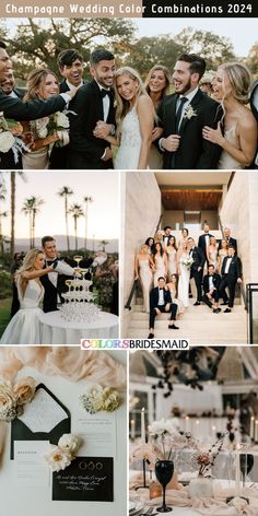 wedding collage with champagne, black and white colors for the bride and grooms