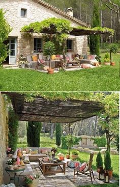 an outdoor living area with chairs and tables in the grass, next to a stone house