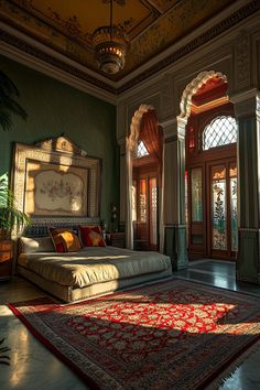 a large bed sitting in the middle of a bedroom next to a doorway and windows