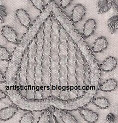 an embroidered lace with flowers and leaves on white fabric, in the shape of a triangle