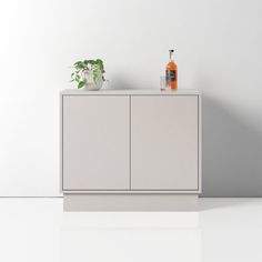 a white cabinet sitting next to a potted plant