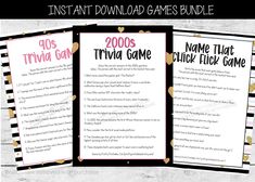 three printable trivia game cards with the text instant video games bundle on them