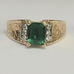 "Antique 1940s 1.75 Carat Natural Columbian Emerald 14k Gold Diamond Ring    Size 11 Weighing 8.0 gram In fair condition considering 80 years of age, see pictures Natural oval cut 7.8X 6.7 X 4.7 mm Emerald  appx weight of 1.75 Carat, natural inclusion, see pictures  Six  Diamonds, .30 Carat Total Weight  Marked, tested 14K Gold  Retro era circa 1940s, American Seller Notes: \"14K yellow gold Natural Columbian Emerald ring weighting 8.0 gram, finger size 11, worked with one 7.8 mm by 6.7 mm by 4. Antique 14k Gold Emerald Ring, Antique Emerald Ring In 14k Gold, Vintage 14k Gold Jewelry With Center Stone, Antique Green Diamond Ring For Formal Occasions, Classic Collectible Emerald Ring, Heirloom 14k Stamped Emerald Ring, Heirloom Emerald Ring Stamped 14k, Art Deco 14k Gold Emerald Ring For Formal Occasions, Vintage Diamond Signet Ring For Formal Occasions