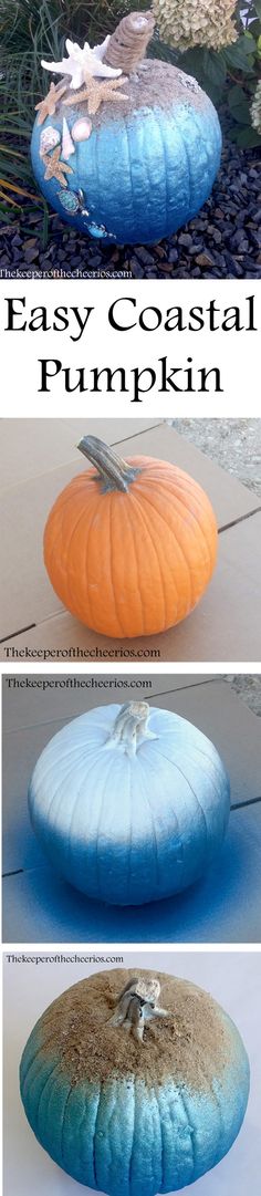 three different pictures of pumpkins sitting on the ground with text overlay that says easy coastal pumpkin