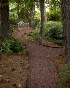 a white bench sitting in the middle of a forest next to trees and bushes on either side of a path