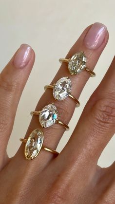 Ovals - they’re a favorite for a reason! They elongate your hands, and generally provide a perfect amount of finger coverage 💅  Nothing against a Round Brilliant Cut... but how about these stunners? 🪄 From top to bottom, we have: Step Cut Champagne Oval, Old Mine Style Oval, Old Mine Style Moval, and an Elongated Champagne Bezeled Moval ✨  💍💍💍💍 Champagne Oval Engagement Ring, Mine Cut Diamond Ring, Moval Ring, Moval Engagement Ring, Elongated Oval Engagement Ring, Champagne Engagement Ring, Wedding Ring Goals, Champagne Engagement Rings, Ring Goals