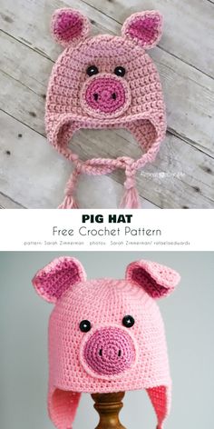 a crocheted pig hat is shown on top of a wooden table and bottom shows the