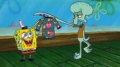 spongebob and his friend are playing with each other in the cartoon character's life