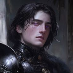 a painting of a man in armor with purple eyes and black hair, staring at the camera