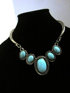 Silver toned and turquoise fashion choker necklace measuring 15" from end to end with a sturdy clasp and ready for wear Elegant Metal Turquoise Necklace, Elegant Turquoise Metal Necklace, Choker Necklace Silver, Turquoise Fashion, Choker Style Necklace, End To End, Choker Style, Choker Necklaces, Necklace Silver