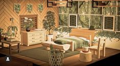 a bedroom with plants and furniture in the room, including a bed, desk, chair, dresser and mirror