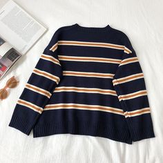 Patterns: stripes Size: one size Color: blue, apricot, coffee, grey, green Casual Blue Sweater With Contrast Stripes, Navy Casual Sweater With Contrast Stripes, Blue Oversized Top With Contrast Stripes, Couples Sweaters, Vintage College, Retro Sweater, College Style, Grey Green, College Fashion