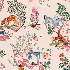 an animal themed wallpaper with flowers and animals on it's side, in pink