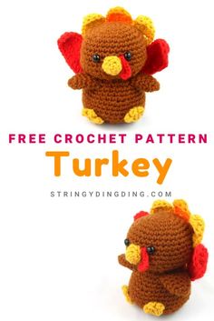 two crocheted turkeys with the words free crochet pattern on them