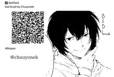 an anime character with black hair and a qr code on his shirt, in front of a white background