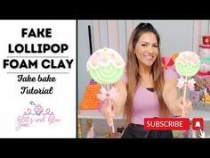 a woman holding two lollipops in one hand and another with the words fake lollipop foam clay on it