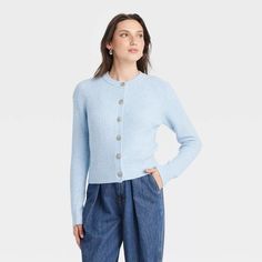 Women's Cozy Knit Button-front Cardigan - Universal Thread™ Blue M : Target Cozy Crew Neck Sweater With Button Closure, Cozy Crew Neck Cardigan With Buttons, 2024 Fits, Button Front Cardigan, Cozy Knit, Cozy Knits, Universal Thread, Sweater Shop, Classic Looks