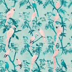 a flock of pink birds sitting on top of a green tree filled with palm trees