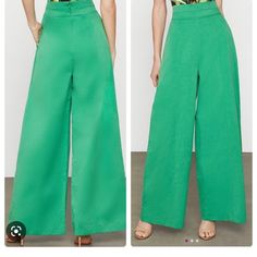 New With Tag. High-Waisted Wide Leg Silhouette Pants For Everyday Outfit In Vibrant Green Color Polyester/Linen/Cotton/Spandex Waist: 26.5 In Green Wide Leg Pants For Night Out In Spring, Chic Fitted Green Wide Leg Pants, Green Fitted Wide-leg Pantsuit, Green Fitted Wide Leg Pantsuit, Green Wide Leg Fitted Pantsuit, Black Silk Jumpsuit, Navy Wide Leg Trousers, Green Wide Leg Pants, Flare Dress Pants