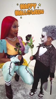 two children dressed up as clowns with flowers