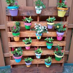 there are many potted plants on the wooden pallet that is attached to the fence