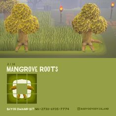 an advertisement for mangrove roots in the middle of a grassy area with trees