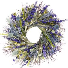 a wreath made out of dried lavenders and other flowers