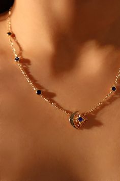 14K Gold Blue Gem Moon Star Necklace – Cutethingscommin Moon Star Necklace, Best Gifts For Her, Waterproof Jewelry, Blue Gems, Moon Star, Blue Gemstones, Simple Necklace, Star Necklace, Stars And Moon