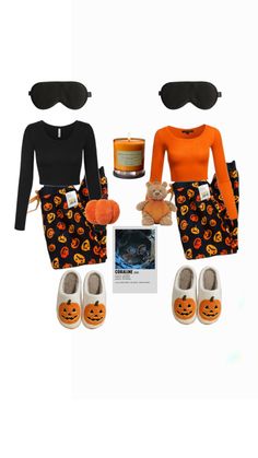 an assortment of halloween items including pumpkins and shoes