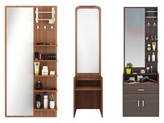 three different types of bathroom furniture including a mirror, sink and shelf with personal care items on it