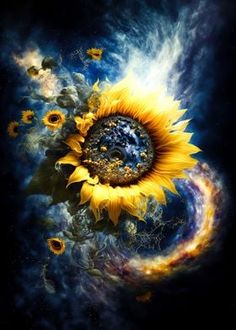 the sunflower is surrounded by many other things in the space, including stars and planets