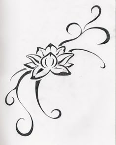 a black and white drawing of a flower with swirls on it's side