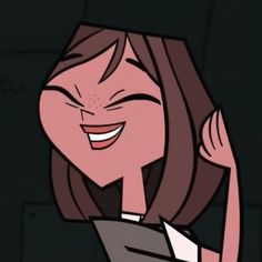 a cartoon girl with long brown hair is smiling and raising her hand to the side